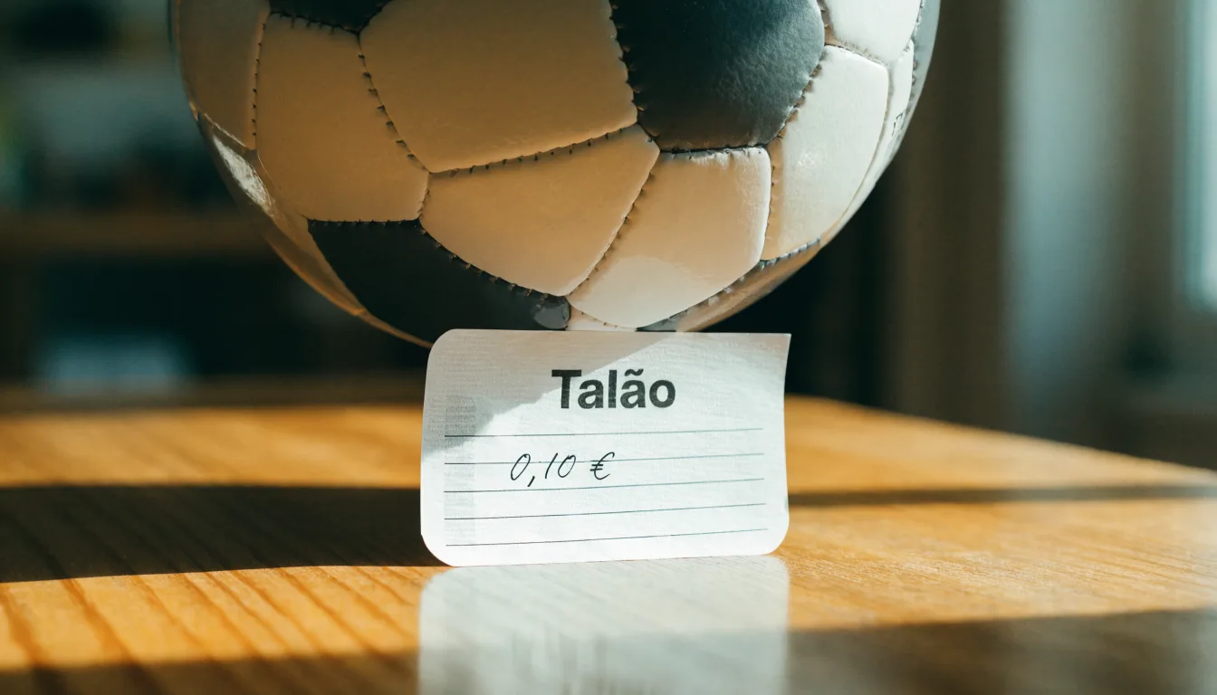 Uma bola de futebol pousada sobre um talão de apostas em branco numa mesa de madeira, à luz do dia