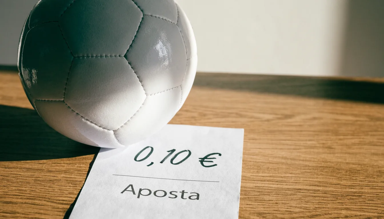 Uma bola de futebol pousada sobre um talão de apostas em branco numa mesa de madeira, à luz do dia