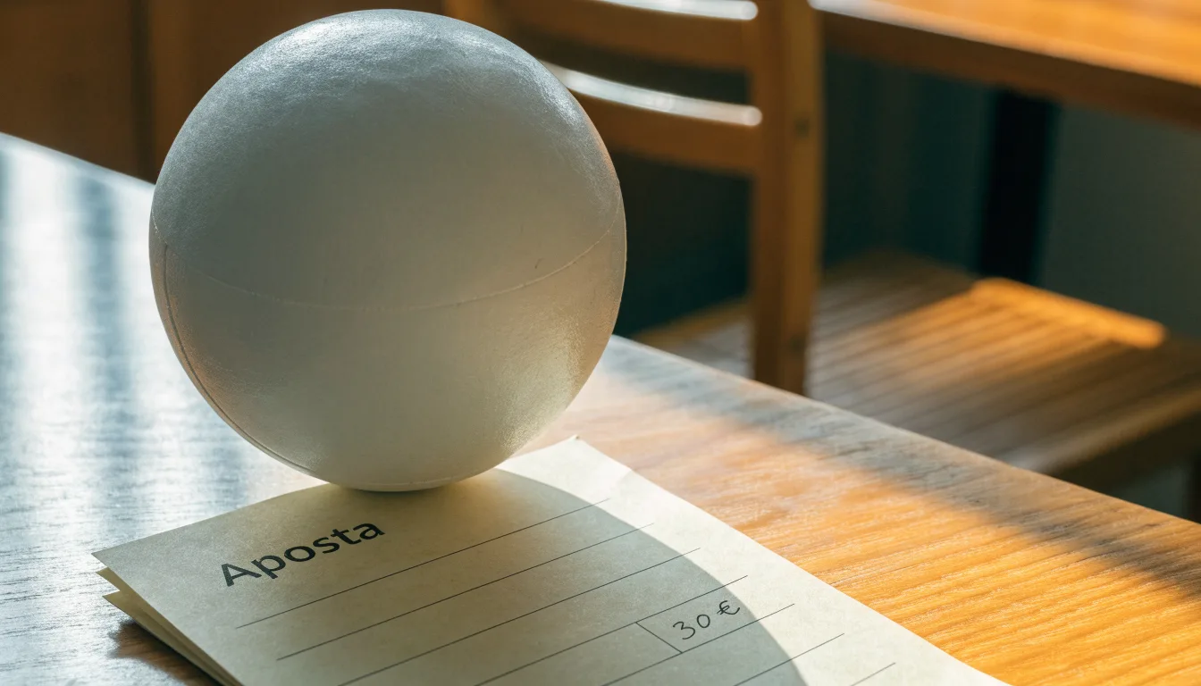 Uma bola de futebol pousada sobre um talão de apostas em branco numa mesa de madeira, à luz do dia