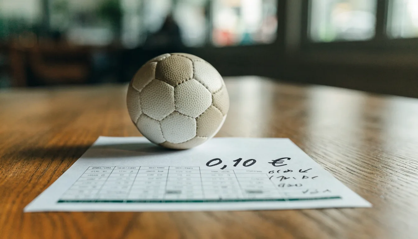 Uma bola de futebol pousada sobre um talão de apostas em branco numa mesa de madeira, à luz do dia