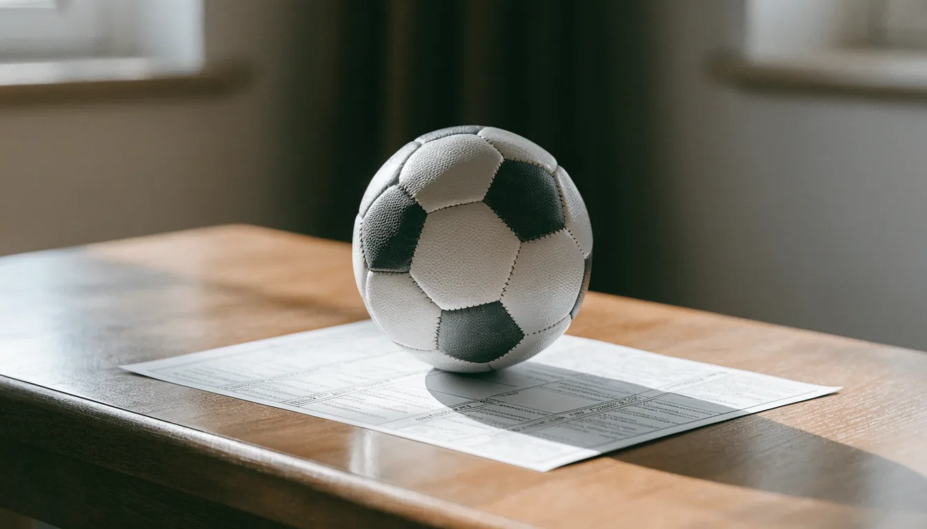 Uma bola de futebol pousada sobre um talão de apostas em branco numa mesa de madeira, à luz do dia