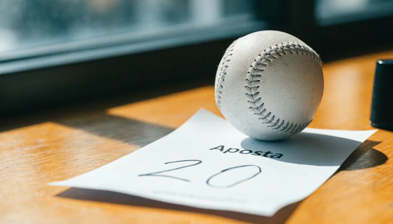 Uma bola de futebol pousada sobre um talão de apostas em branco numa mesa de madeira, à luz do dia