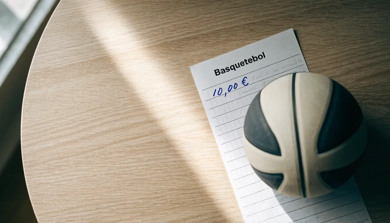 Uma bola de futebol pousada sobre um talão de apostas em branco numa mesa de madeira, à luz do dia