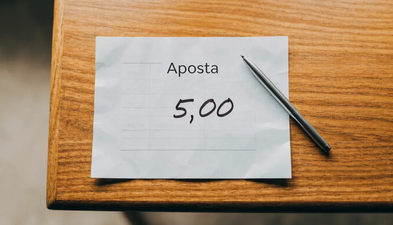 Uma bola de futebol pousada sobre um talão de apostas em branco numa mesa de madeira, à luz do dia