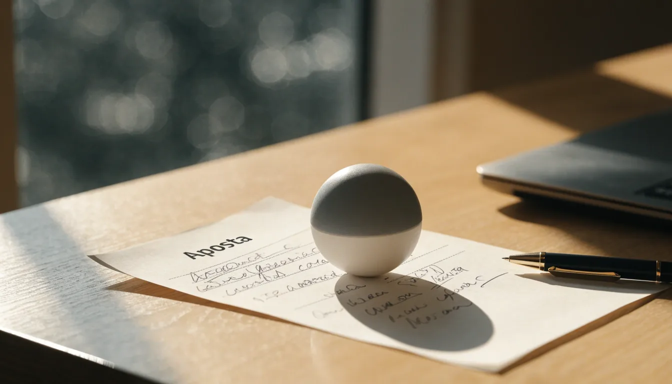 Uma bola de futebol pousada sobre um talão de apostas em branco numa mesa de madeira, à luz do dia