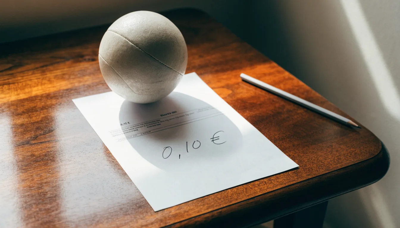 Uma bola de futebol pousada sobre um talão de apostas em branco numa mesa de madeira, à luz do dia