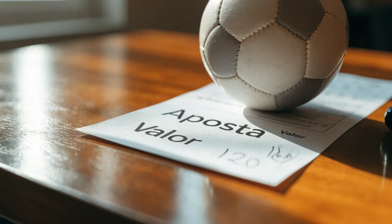 Uma bola de futebol pousada sobre um talão de apostas em branco numa mesa de madeira, à luz do dia