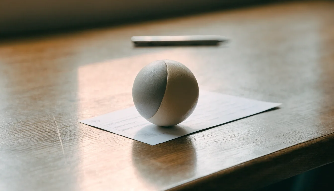 Uma bola de futebol pousada sobre um talão de apostas em branco numa mesa de madeira, à luz do dia