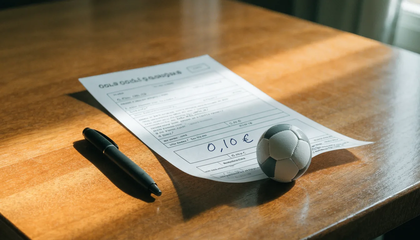 Uma bola de futebol pousada sobre um talão de apostas em branco numa mesa de madeira, à luz do dia