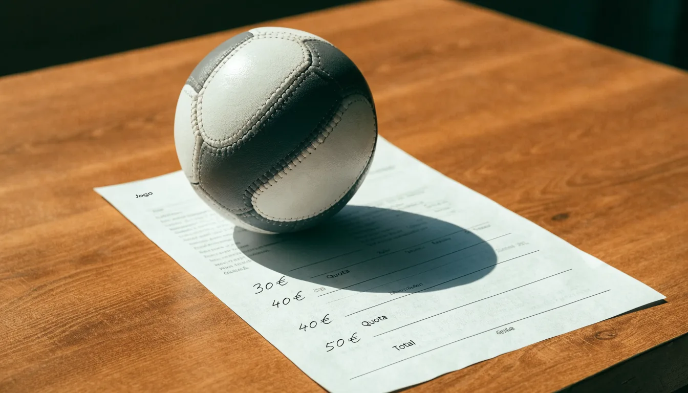 Uma bola de futebol pousada sobre um talão de apostas em branco numa mesa de madeira, à luz do dia