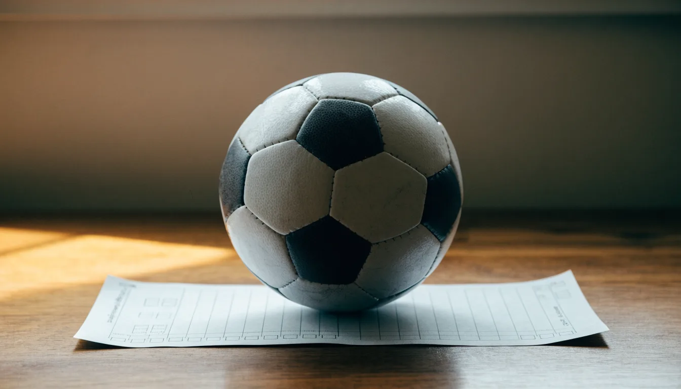 Uma bola de futebol pousada sobre um talão de apostas em branco numa mesa de madeira, à luz do dia