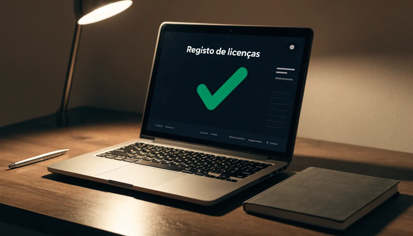 Uma folha de licença em papel com um selo vermelho, pousada numa secretária de madeira ao lado de uma caneta