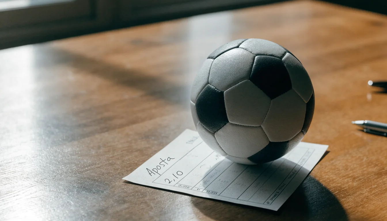 Uma bola de futebol pousada sobre um talão de apostas em branco numa mesa de madeira, à luz do dia