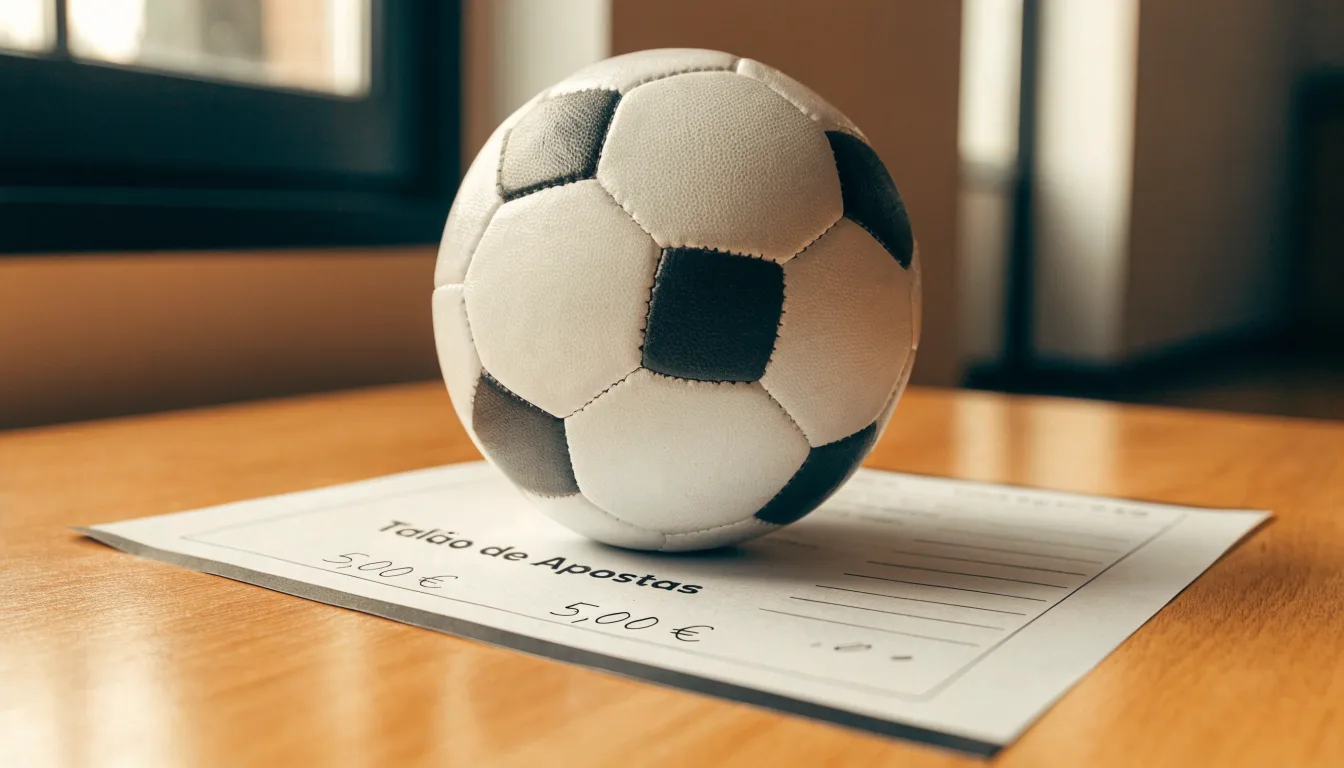 Uma bola de futebol pousada sobre um talão de apostas em branco numa mesa de madeira, à luz do dia