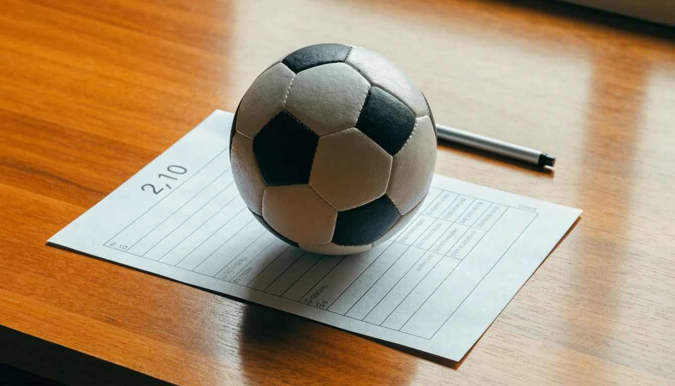 Uma bola de futebol pousada sobre um talão de apostas em branco numa mesa de madeira, à luz do dia
