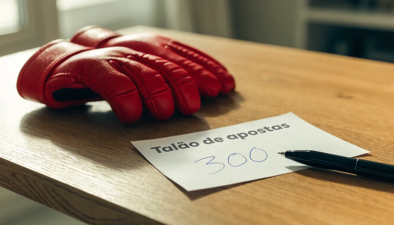 Uma bola de futebol pousada sobre um talão de apostas em branco numa mesa de madeira, à luz do dia
