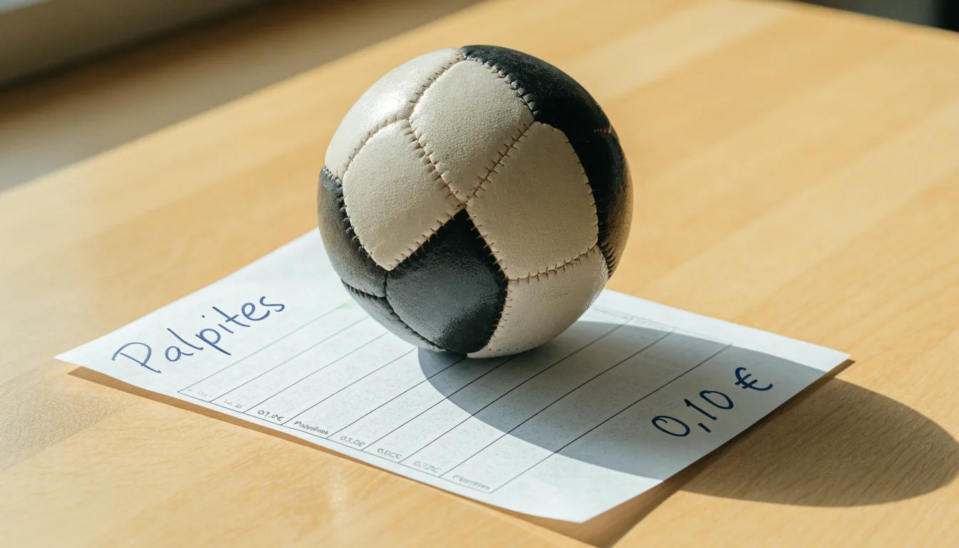 Uma bola de futebol pousada sobre um talão de apostas em branco numa mesa de madeira, à luz do dia
