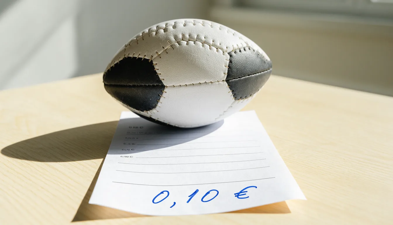 Uma bola de futebol pousada sobre um talão de apostas em branco numa mesa de madeira, à luz do dia