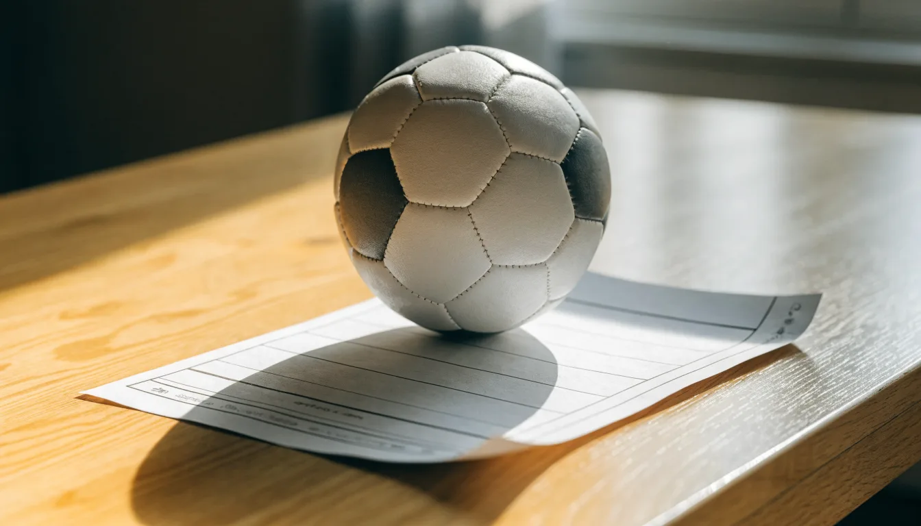 Uma bola de futebol pousada sobre um talão de apostas em branco numa mesa de madeira, à luz do dia
