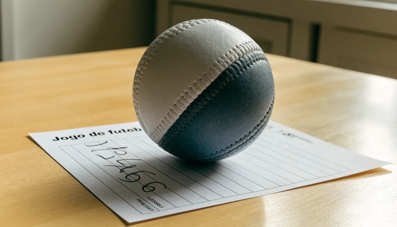 Uma bola de futebol pousada sobre um talão de apostas em branco numa mesa de madeira, à luz do dia