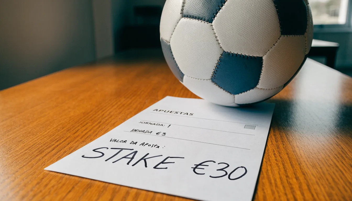 Uma bola de futebol pousada sobre um talão de apostas em branco numa mesa de madeira, à luz do dia