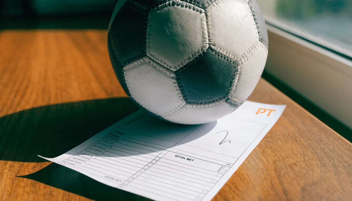 Uma bola de futebol pousada sobre um talão de apostas em branco numa mesa de madeira, à luz do dia