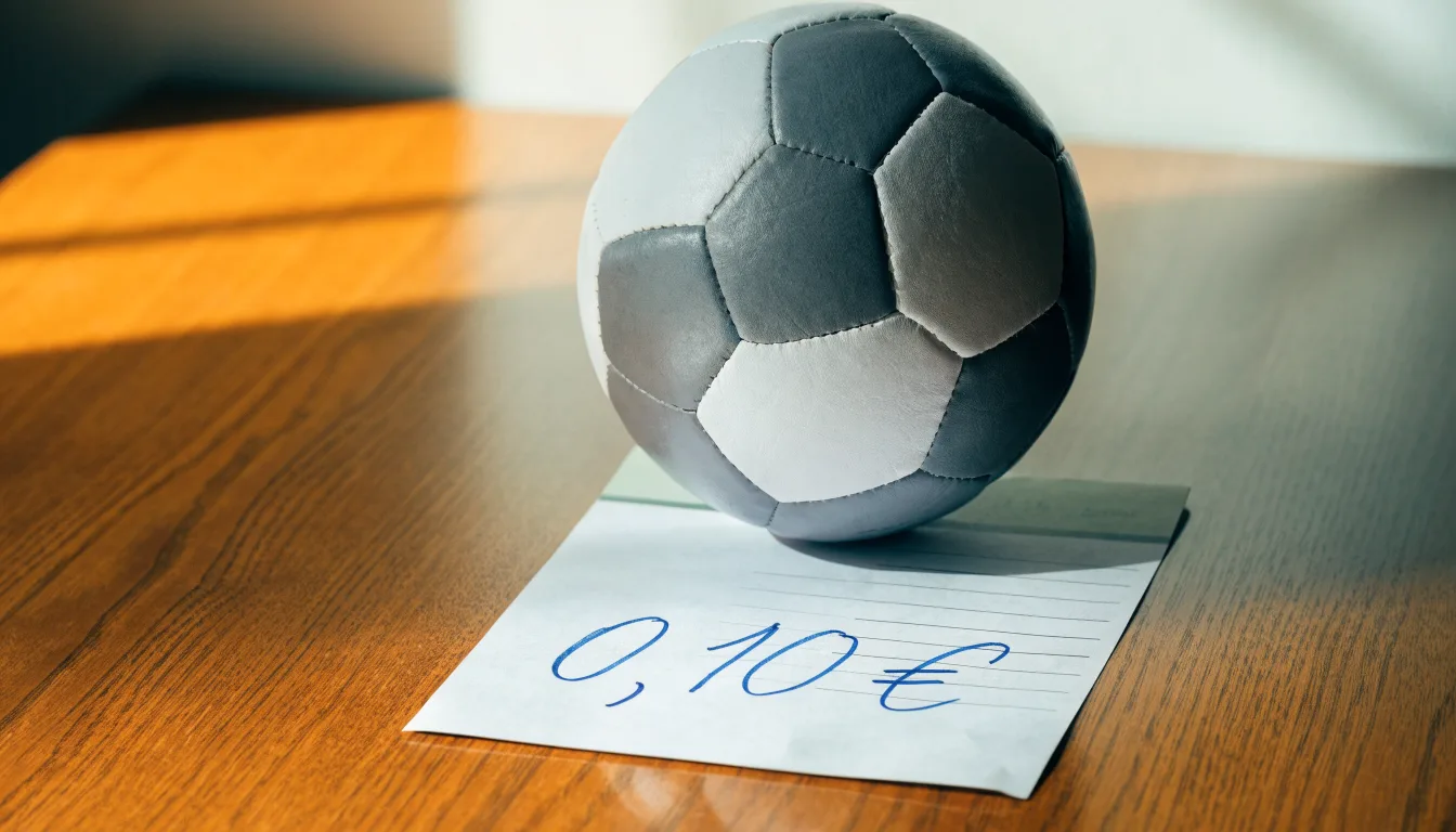 Uma bola de futebol pousada sobre um talão de apostas em branco numa mesa de madeira, à luz do dia