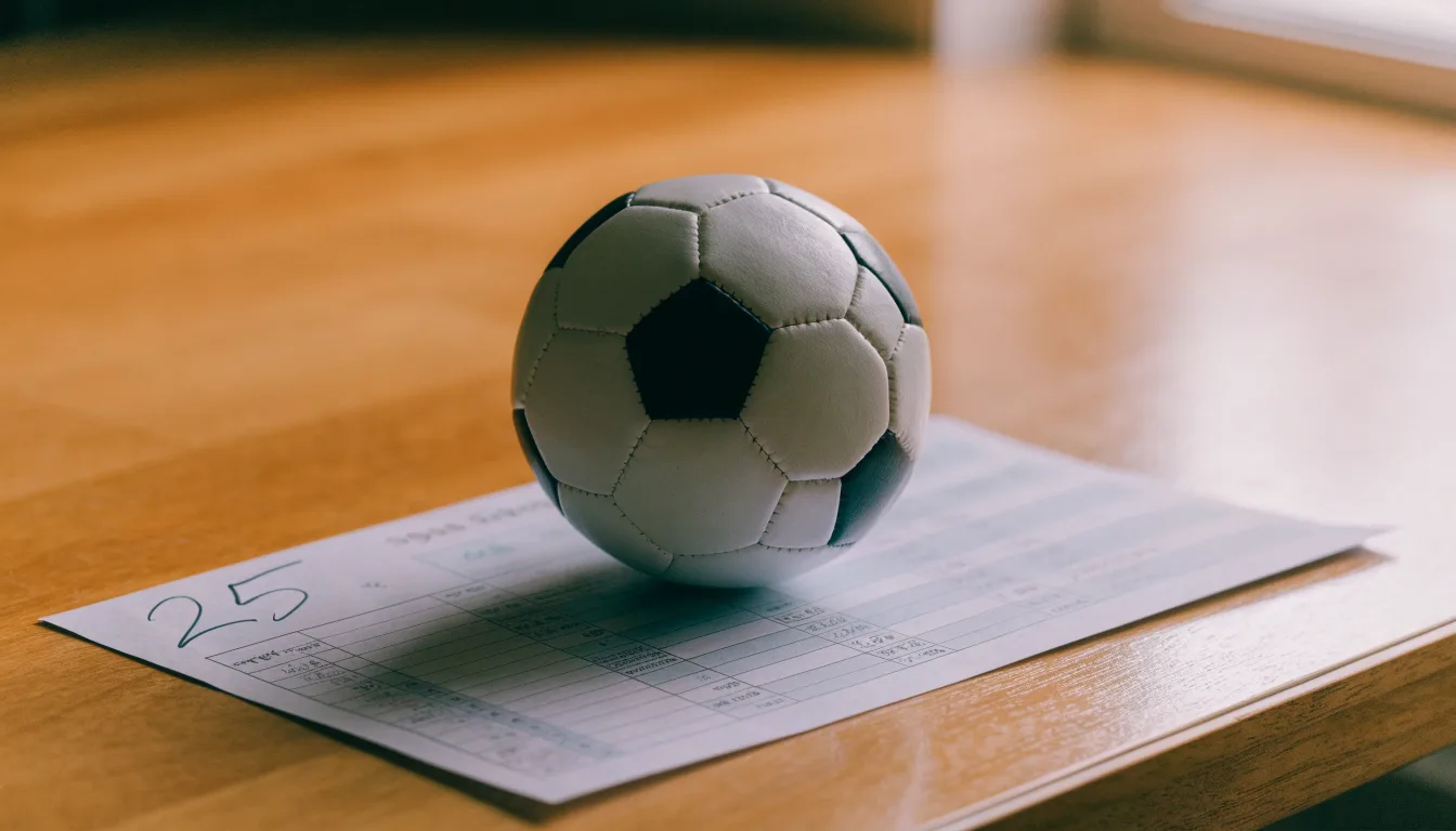 Uma bola de futebol pousada sobre um talão de apostas em branco numa mesa de madeira, à luz do dia