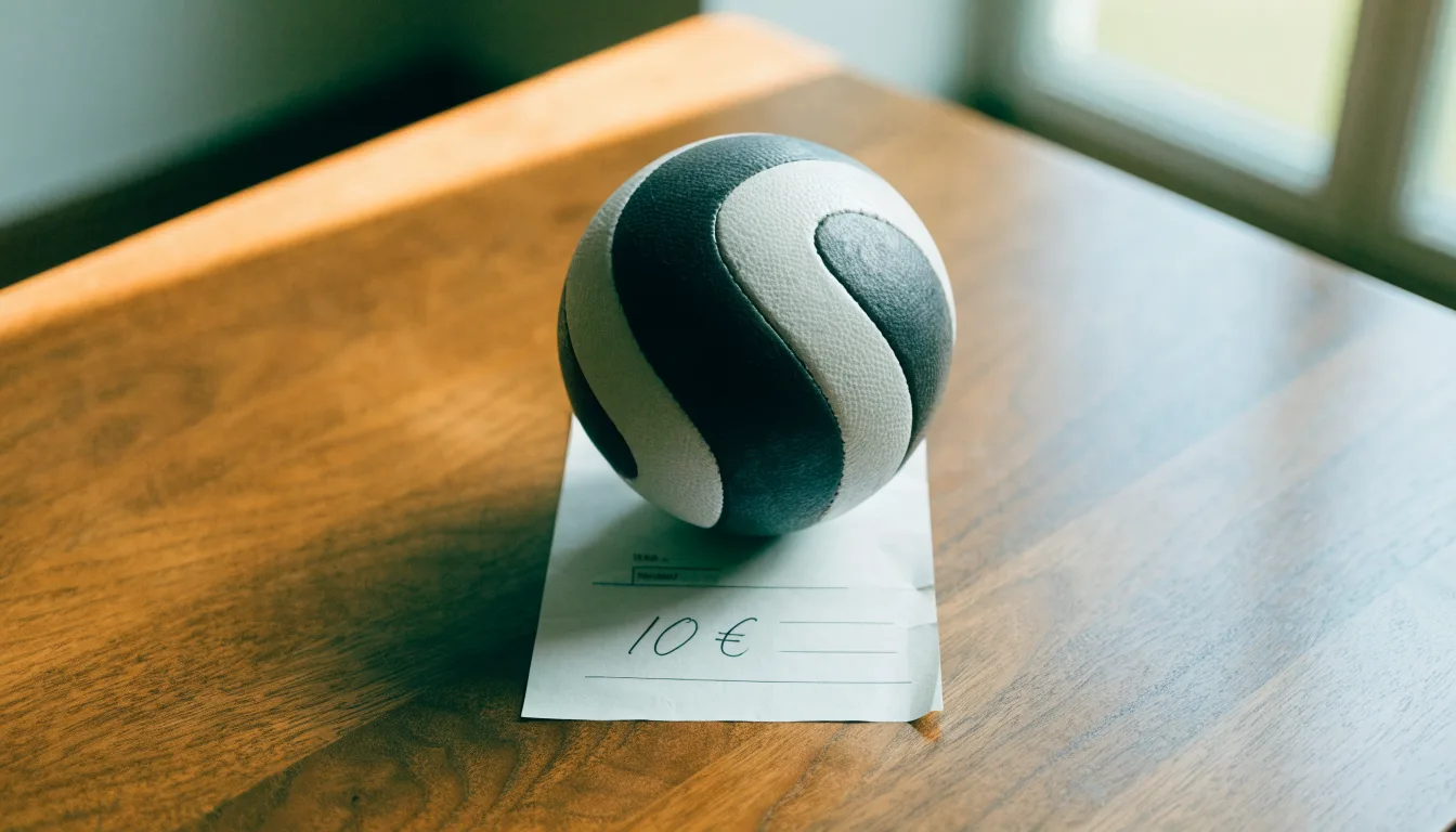 Uma bola de futebol pousada sobre um talão de apostas em branco numa mesa de madeira, à luz do dia