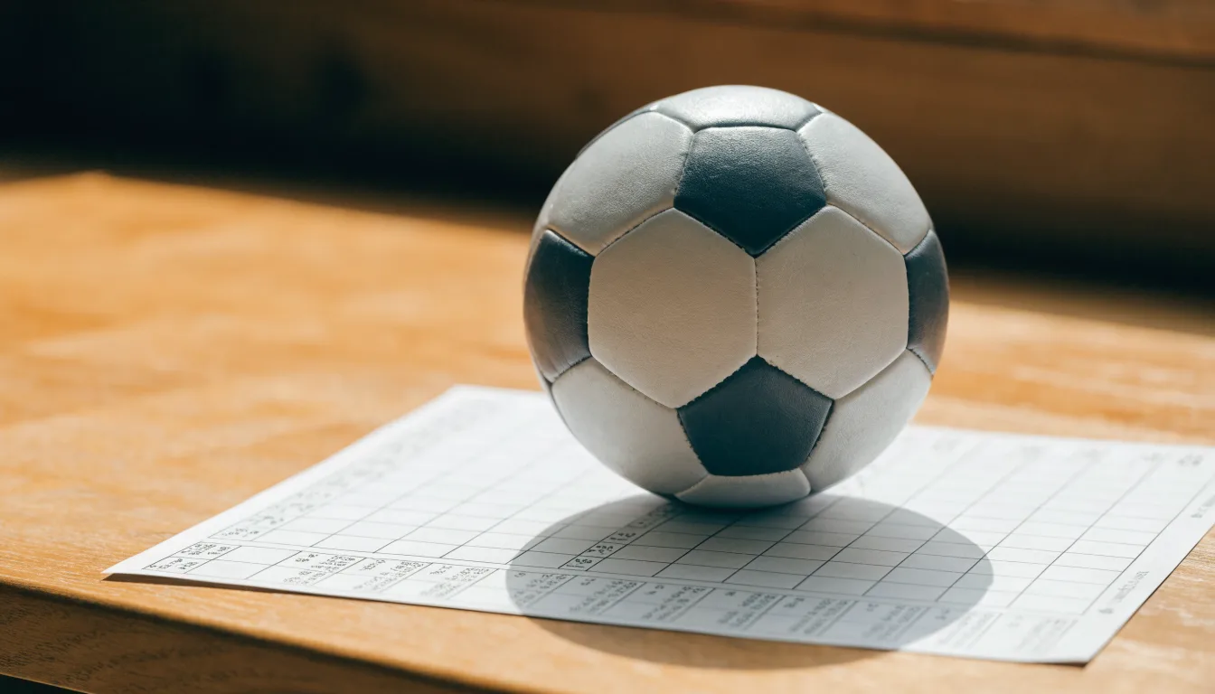 Uma bola de futebol pousada sobre um talão de apostas em branco numa mesa de madeira, à luz do dia