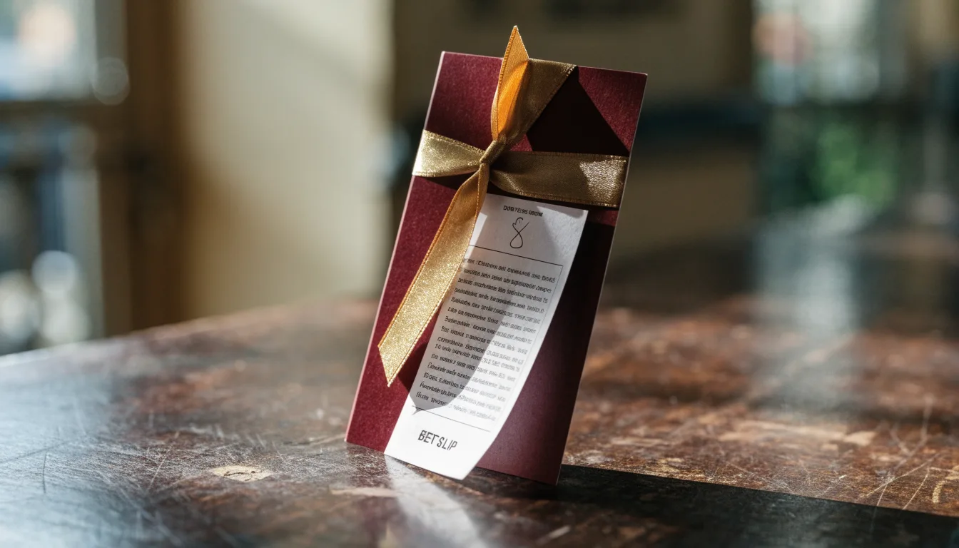 Um cartão de oferta com uma fita dourada ao lado de um talão de apostas numa bancada de madeira