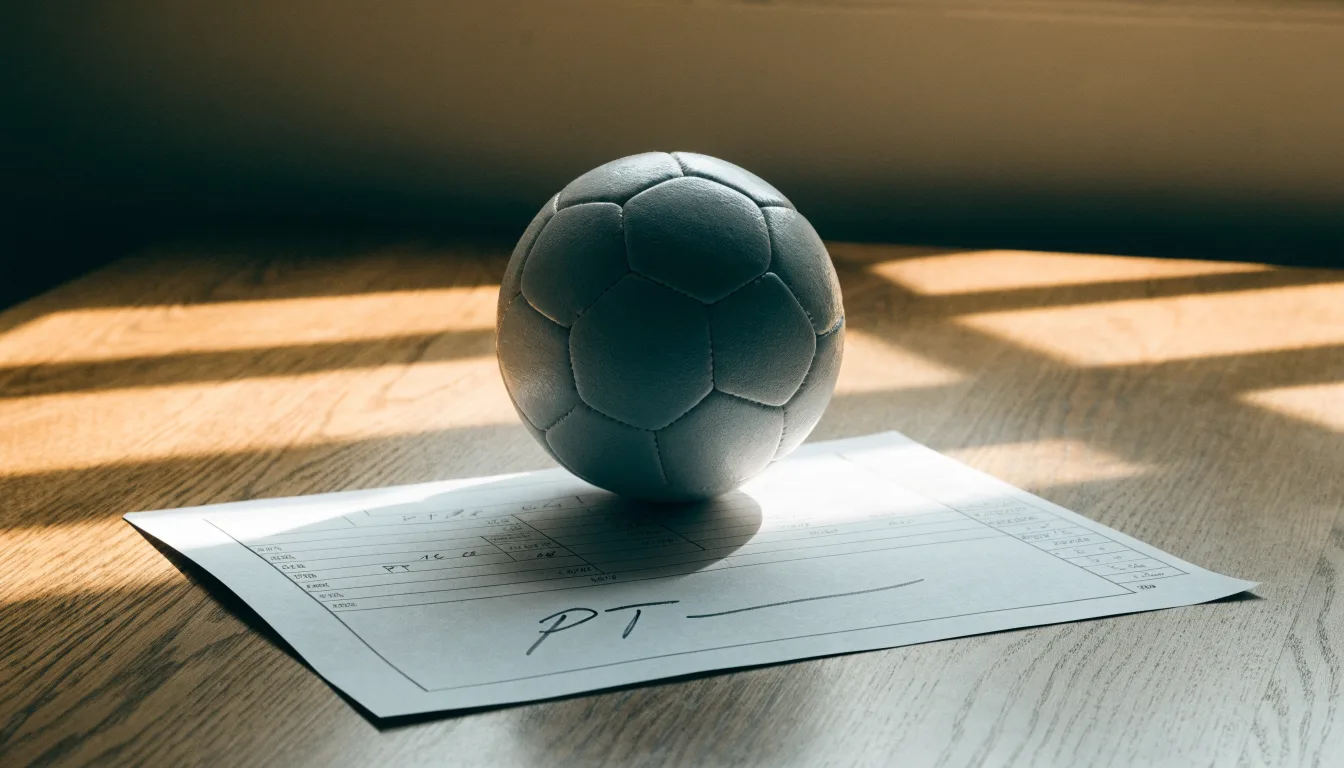 Uma bola de futebol pousada sobre um talão de apostas em branco numa mesa de madeira, à luz do dia