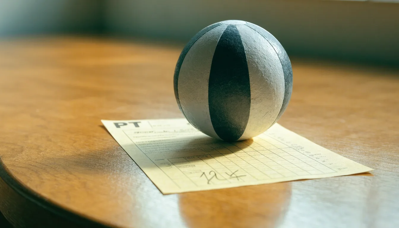 Uma bola de futebol pousada sobre um talão de apostas em branco numa mesa de madeira, à luz do dia