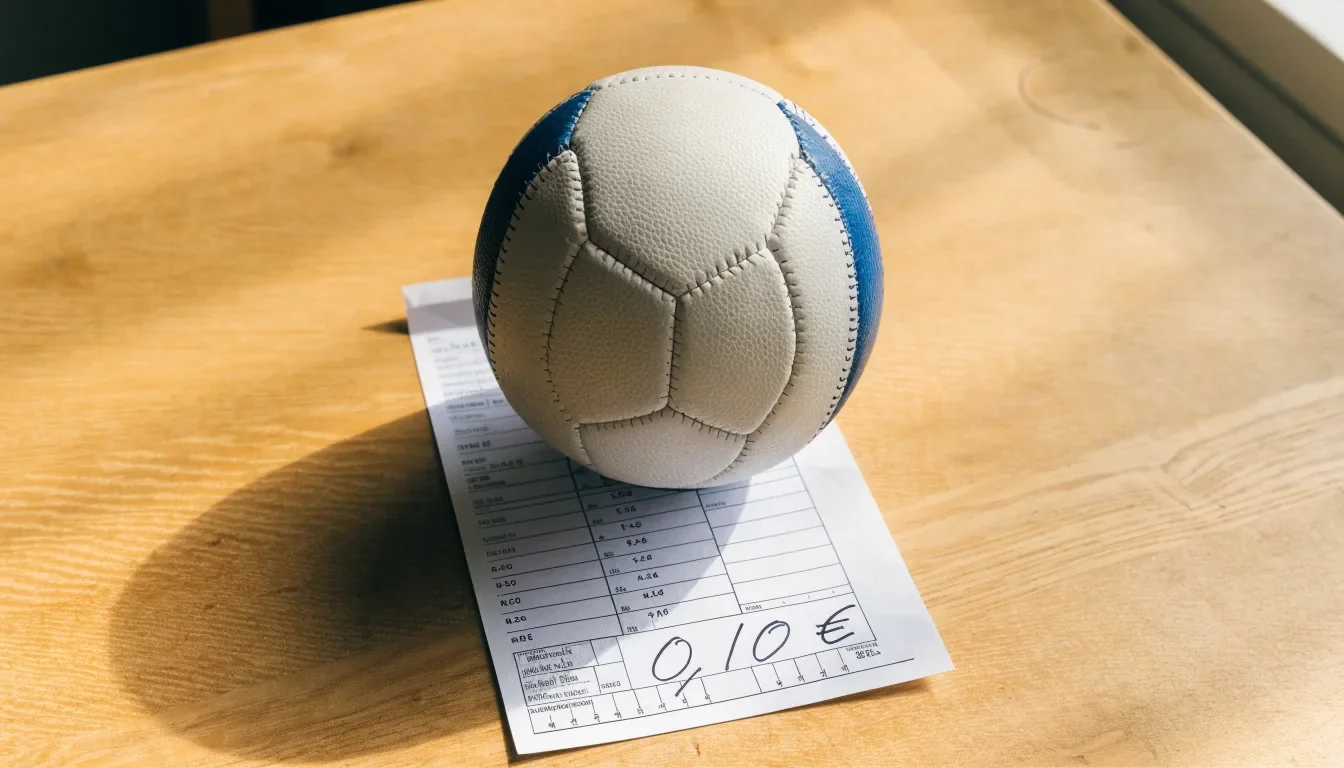 Uma bola de futebol pousada sobre um talão de apostas em branco numa mesa de madeira, à luz do dia