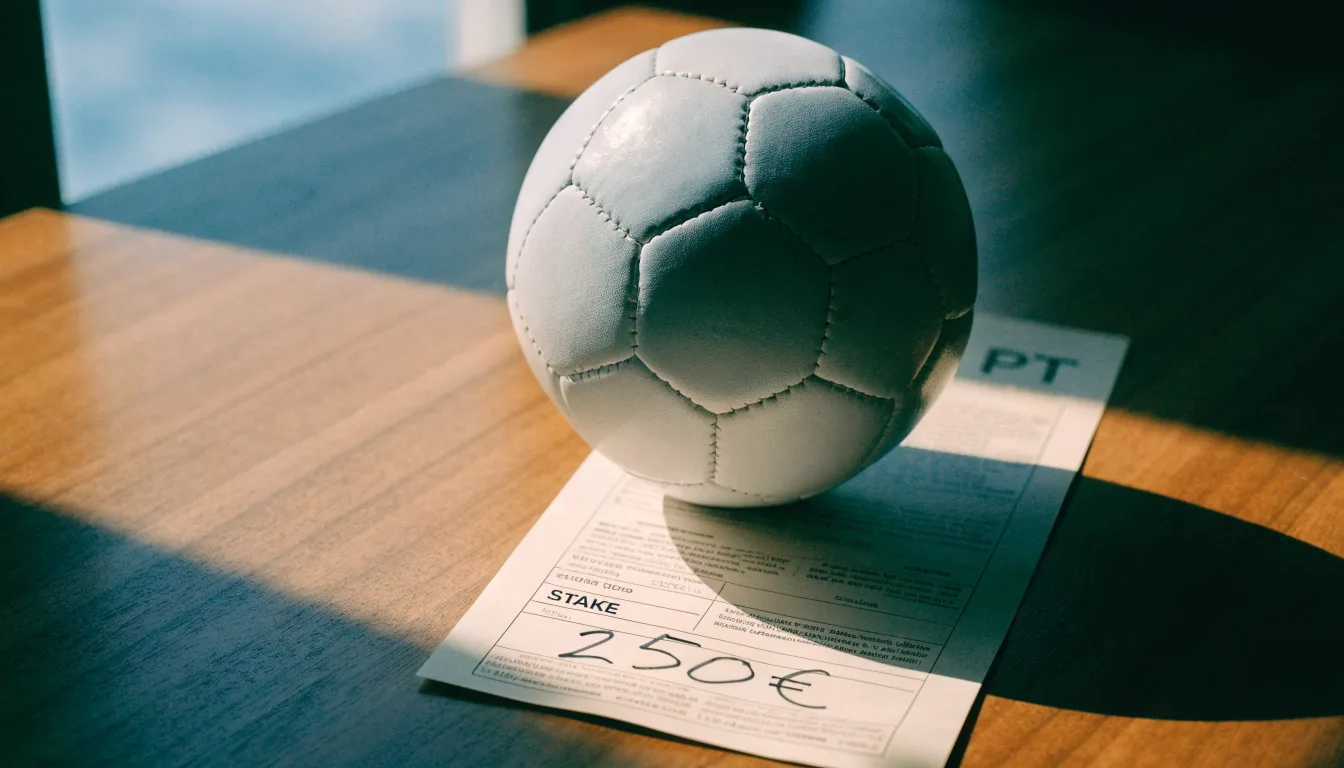 Uma bola de futebol pousada sobre um talão de apostas em branco numa mesa de madeira, à luz do dia